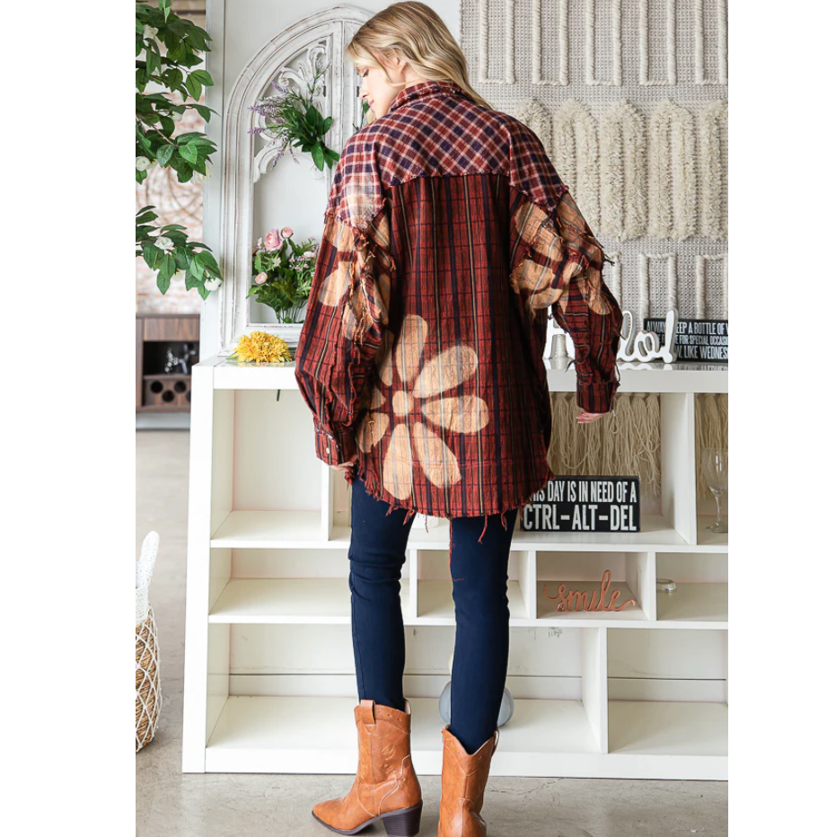 "Rusty" Flower Plaid Button Up Cotton Shirt