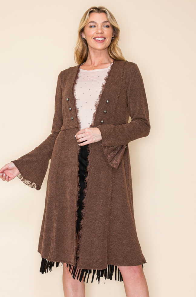 "Pepper" Button Accent Longline Knit Jacket in Brown