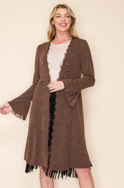 "Pepper" Button Accent Longline Knit Jacket in Brown
