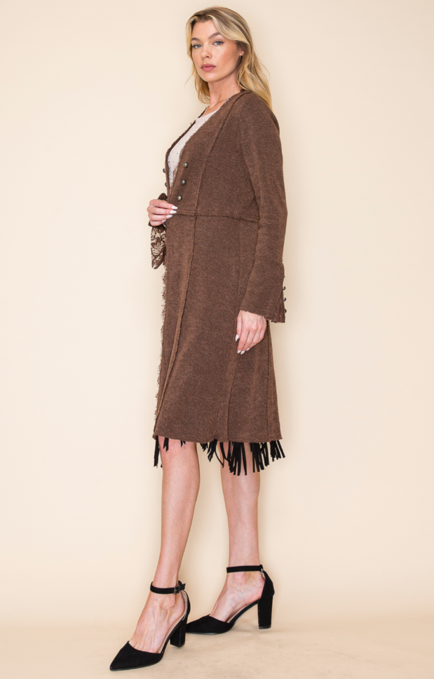 "Pepper" Button Accent Longline Knit Jacket in Brown