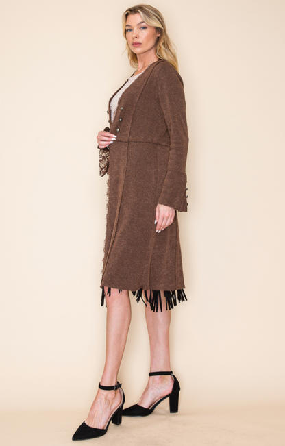 "Pepper" Button Accent Longline Knit Jacket in Brown