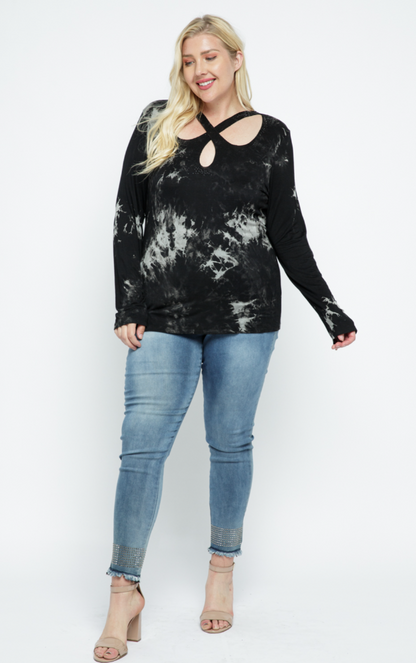 "Christie" Black Grey Studded Crisscross Top Plus