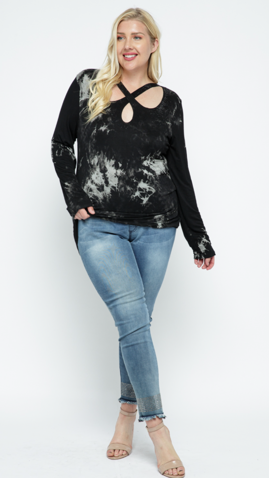 "Christie" Black Grey Studded Crisscross Top Plus