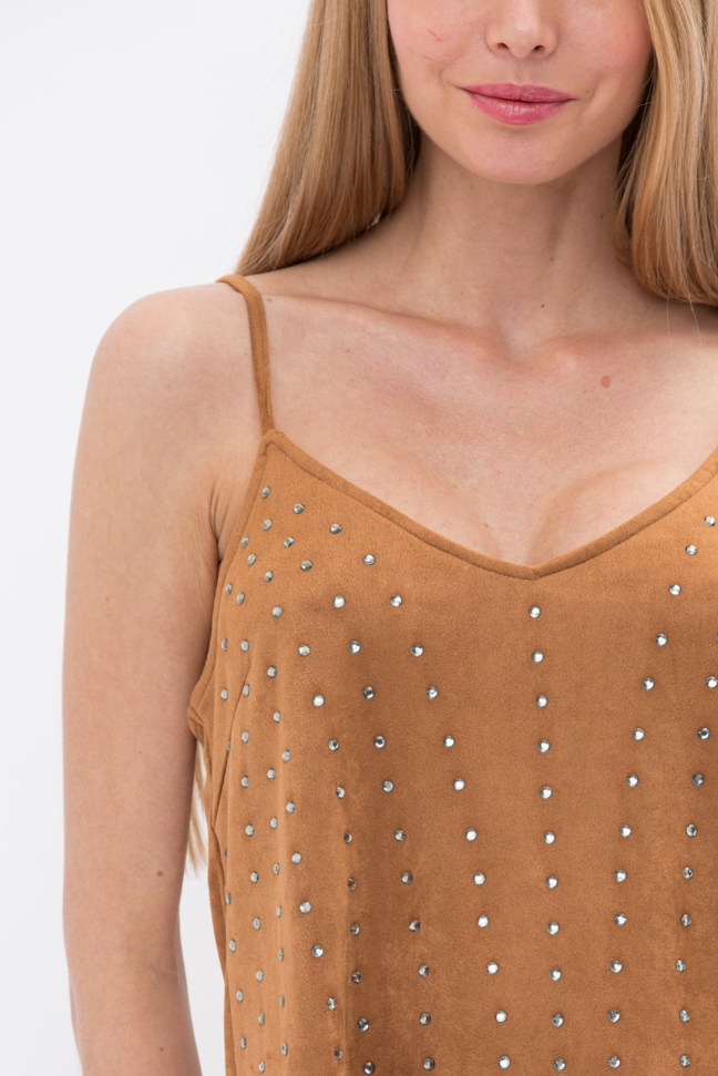"Miley" Microsuede Cami with Rhinestone Accents in Camel