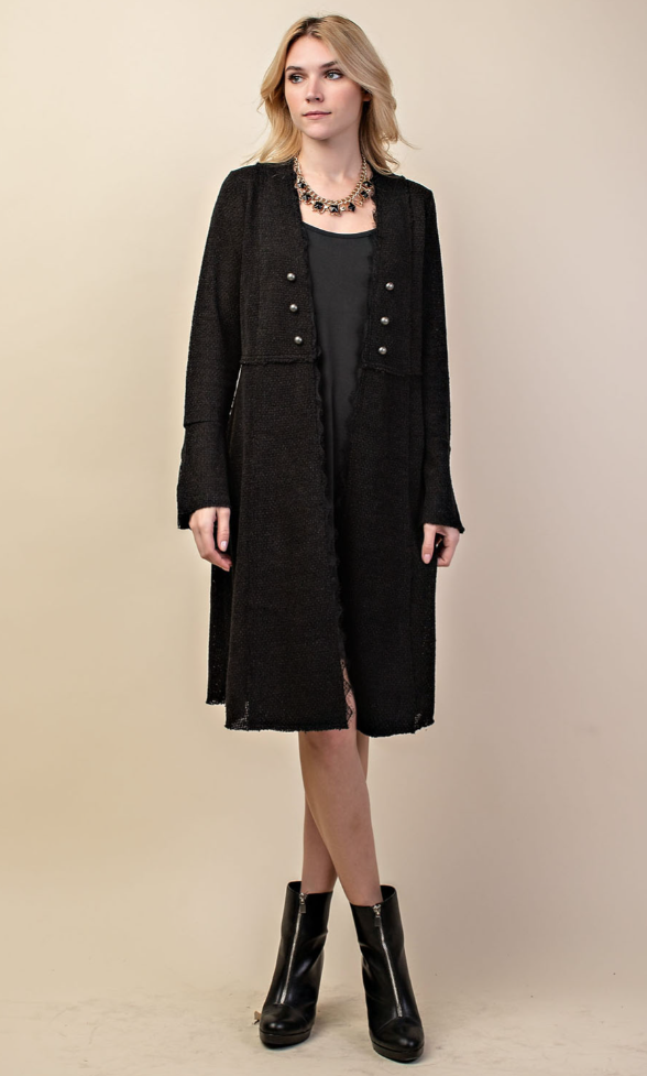 "Pepper" Button Accent Longline Knit Jacket in Black