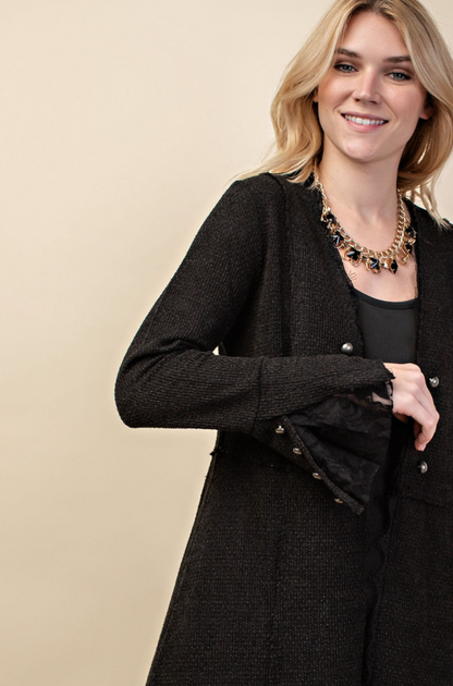 "Pepper" Button Accent Longline Knit Jacket in Black