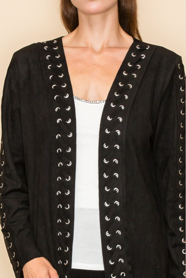 "Sheila" Lace Up Microsuede Cardigan Jacket in Black