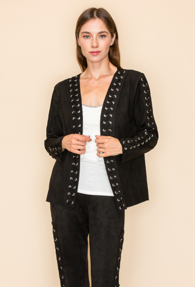 "Sheila" Lace Up Microsuede Cardigan Jacket in Black