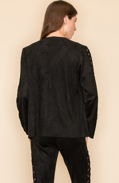 "Sheila" Lace Up Microsuede Cardigan Jacket in Black