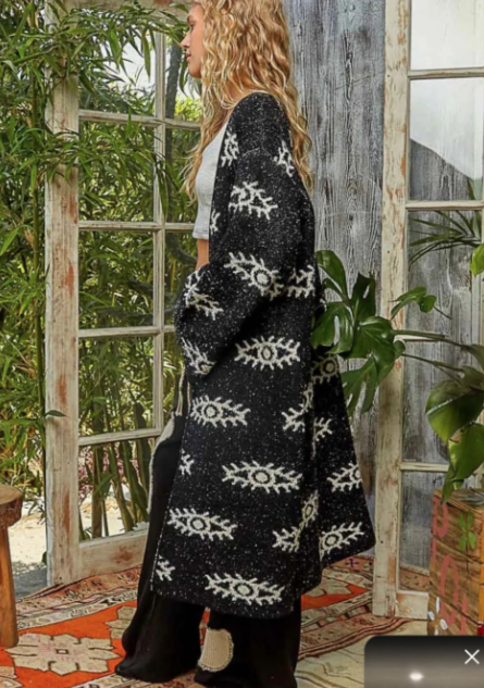 "Evil Eye" Black and Cream Eye Pattern Cardigan Sweater