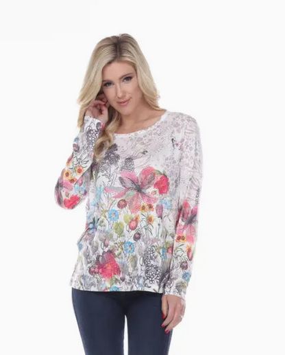 "Garden Walk" Floral Print 3/4 Sleeve Knit Shirt