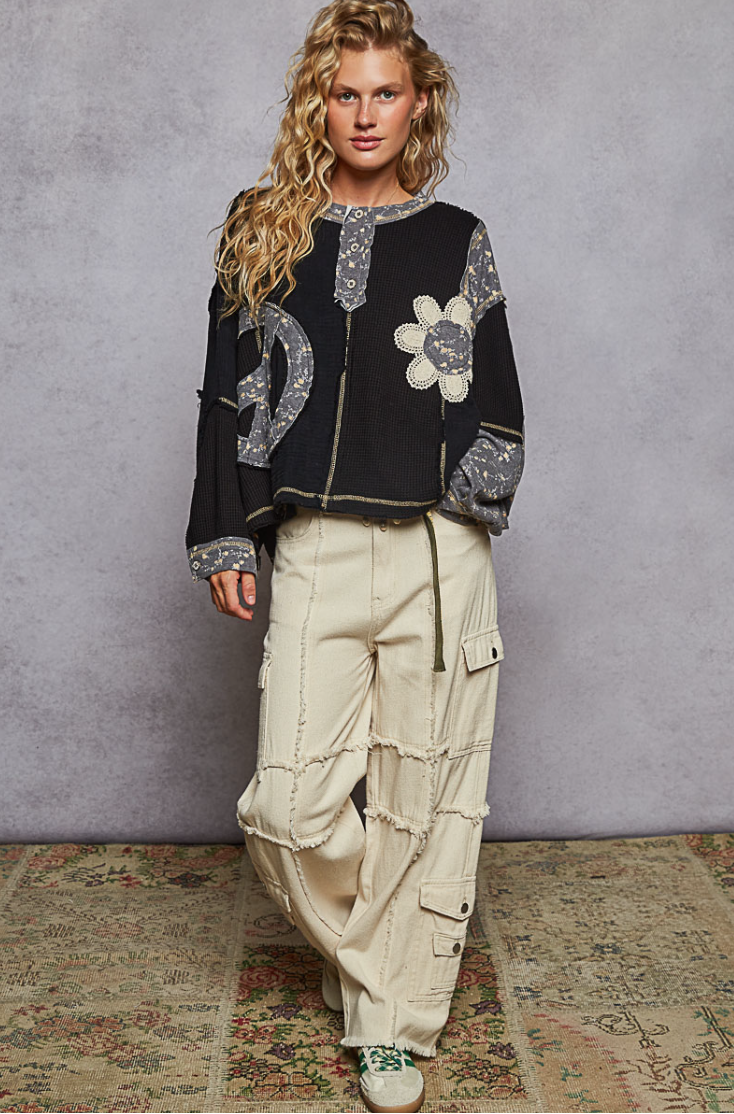 "Peace Garden" Black Peace Floral Gauze Patterned Top