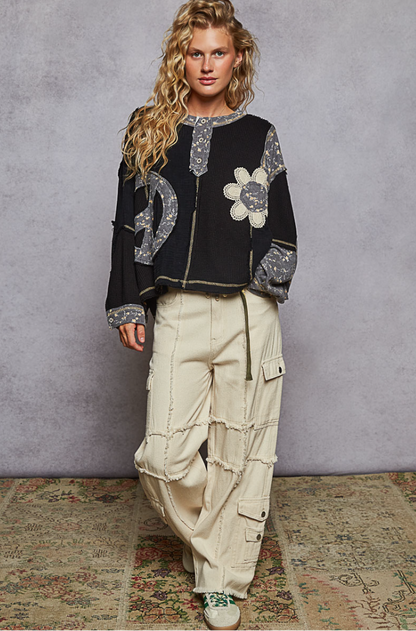 "Peace Garden" Black Peace Floral Gauze Patterned Top