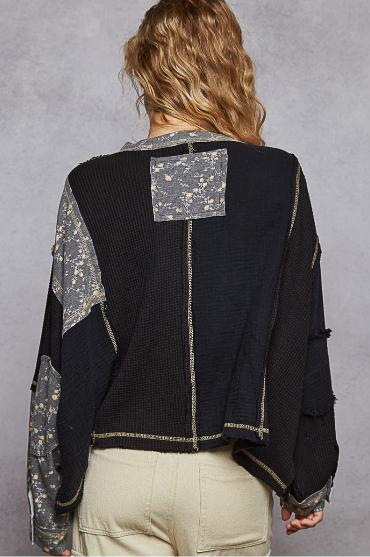 "Peace Garden" Black Peace Floral Gauze Patterned Top