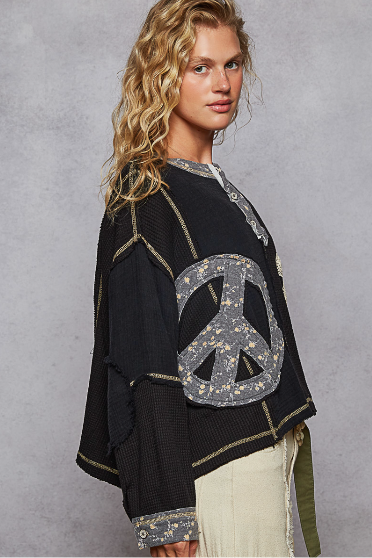 "Peace Garden" Black Peace Floral Gauze Patterned Top