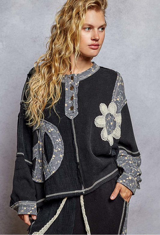 "Peace Garden" Black Peace Floral Gauze Patterned Top