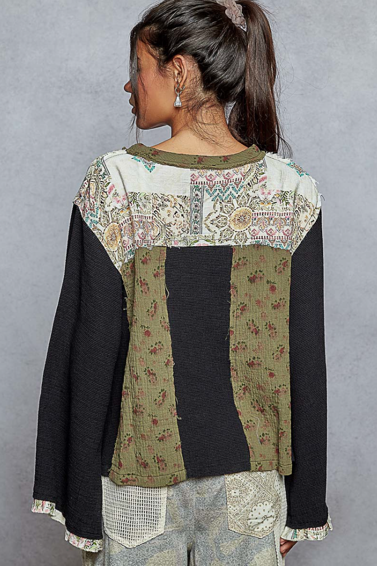 "Wendy" Black Green Gauze Patterned Top