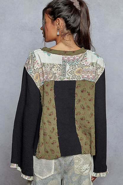 "Wendy" Black Green Gauze Patterned Top