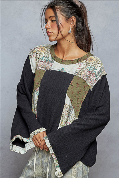 "Wendy" Black Green Gauze Patterned Top