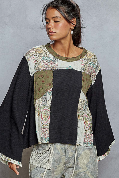 "Wendy" Black Green Gauze Patterned Top