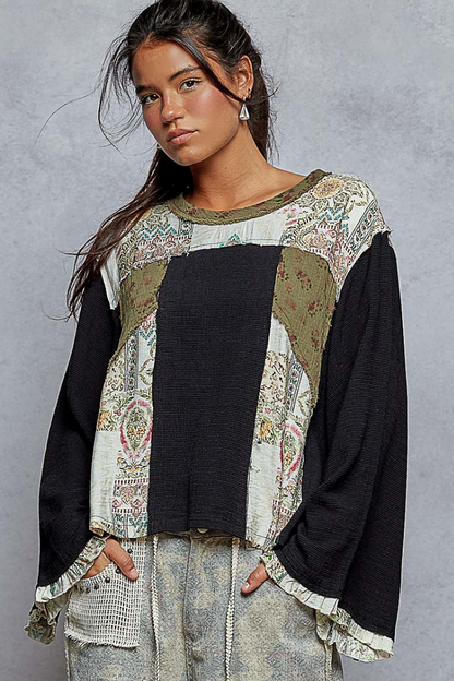 "Wendy" Black Green Gauze Patterned Top