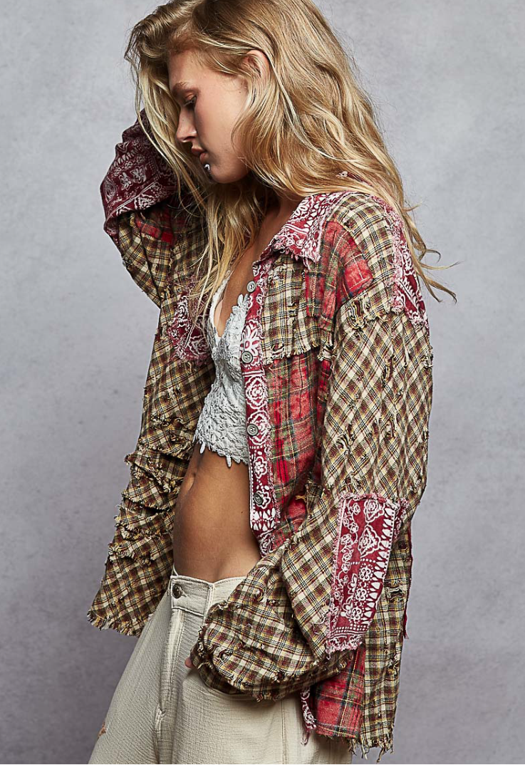 "Marion" Plaid Button Up Cotton Shirt in Mulberry