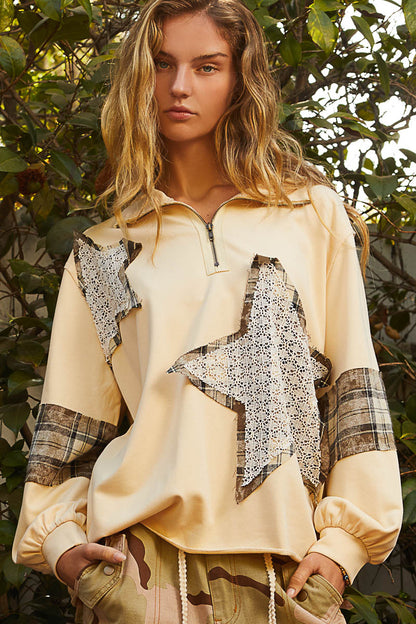 "Polly Star" Long Sleeve Plaid Pullover in Cream