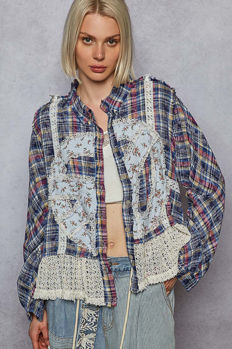 "Pretty in Plaid" Peace Applique Button Up Shirt