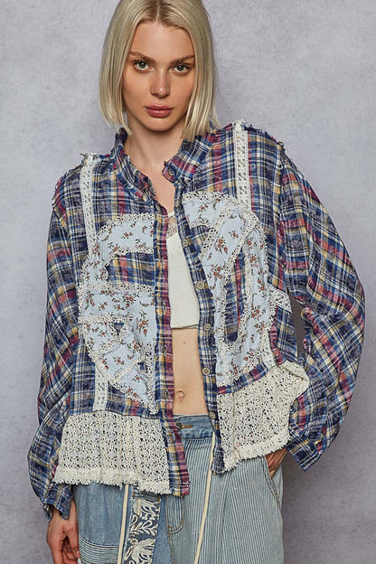 "Pretty in Plaid" Peace Applique Button Up Shirt