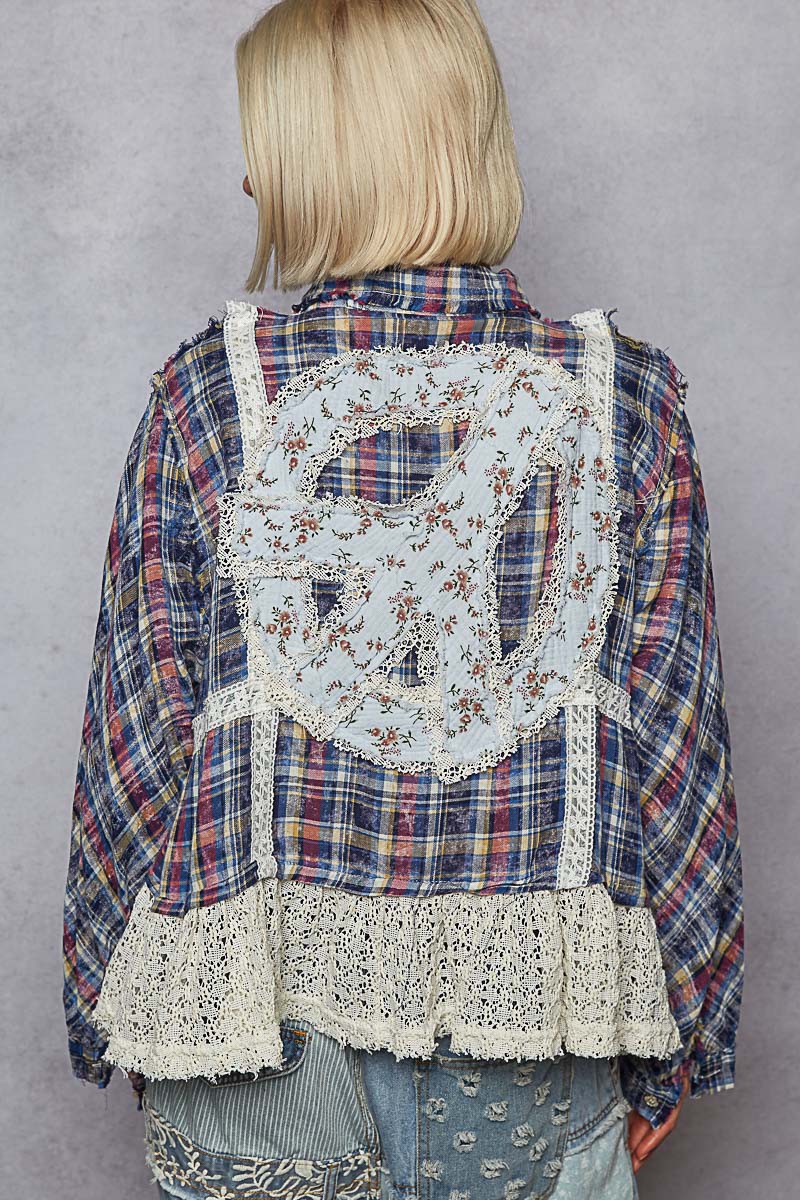 "Pretty in Plaid" Peace Applique Button Up Shirt