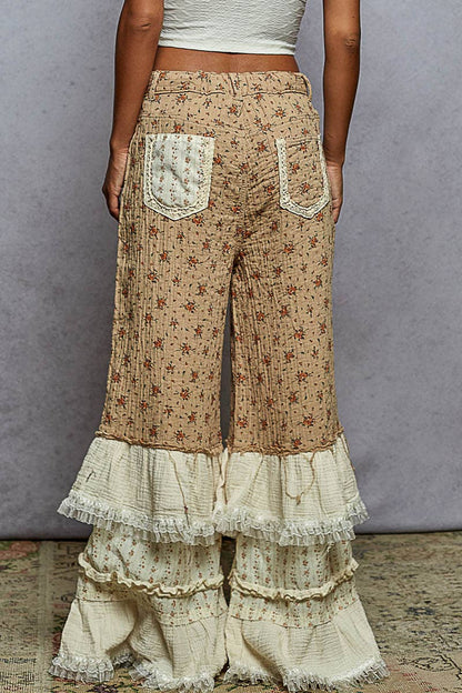 "Daphne" Double Gauze Floral Ruffle Wide Leg Pants Mocha