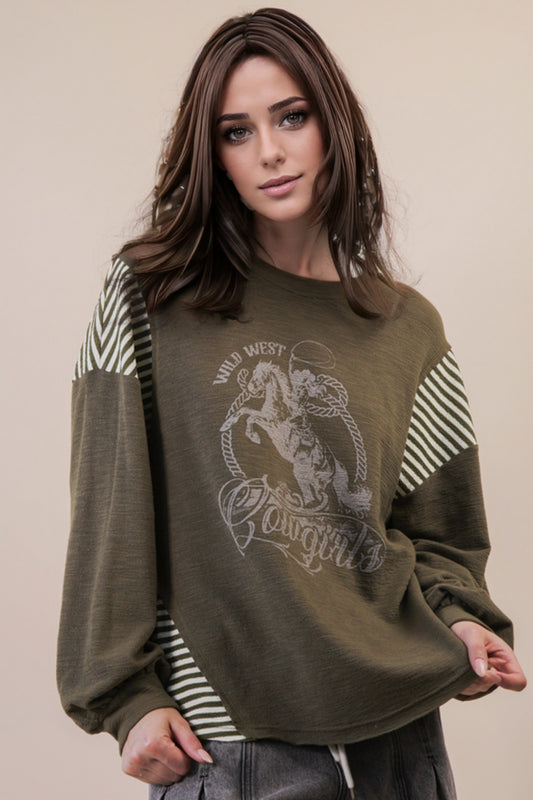 "Wild West" Cowgirl Stripe Knit Top in Olive