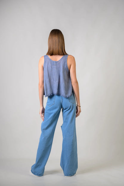 "Petticoat" Sleeveless Viscose Tank Top in Grey/Blue