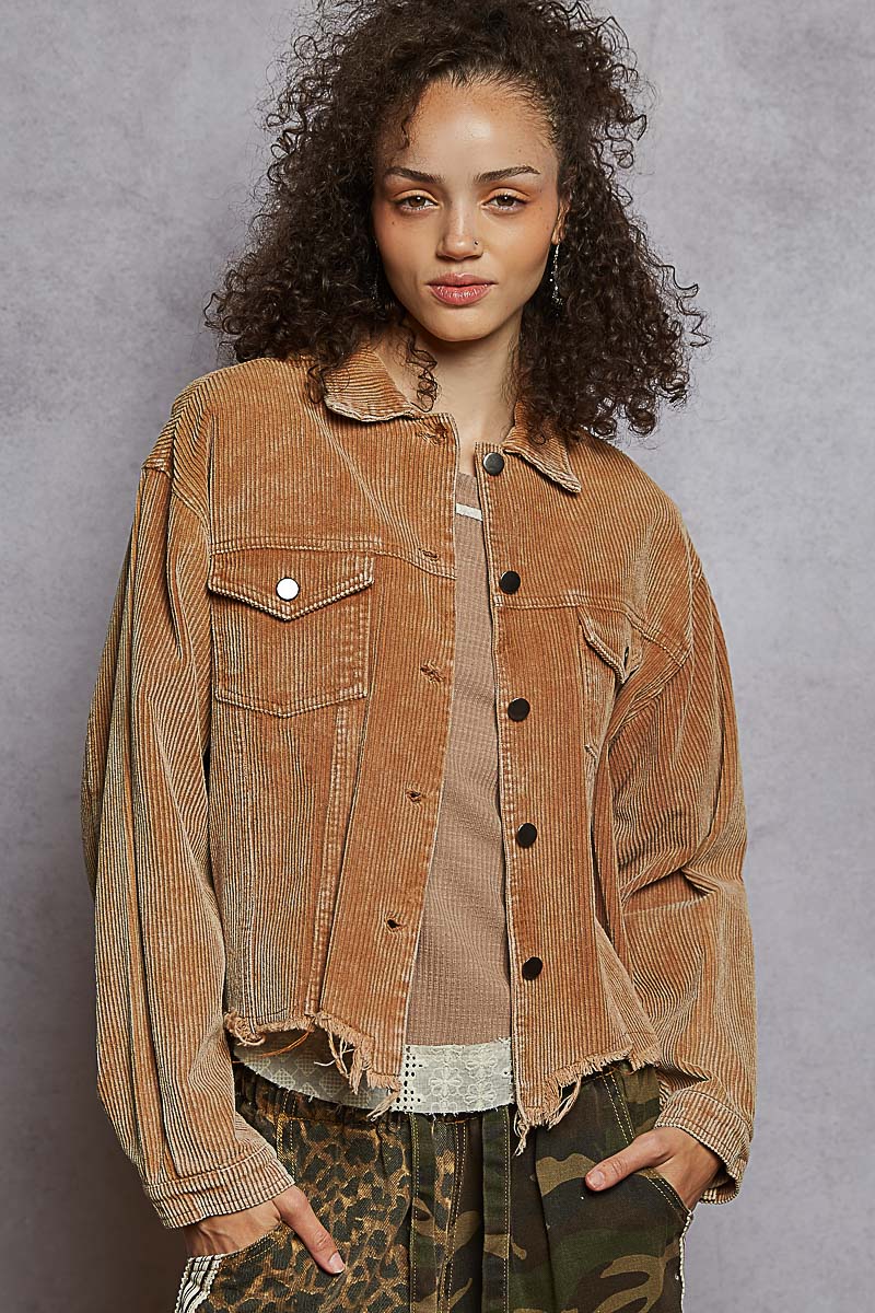 "Bobbie" Destroyed Hem Corduroy Jacket in Teddy Bear Brown
