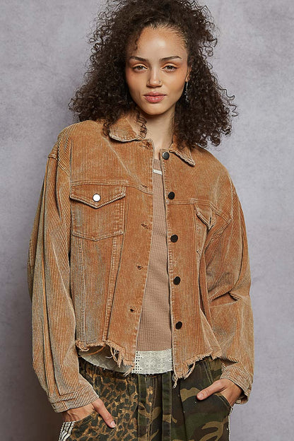 "Bobbie" Destroyed Hem Corduroy Jacket in Teddy Bear Brown