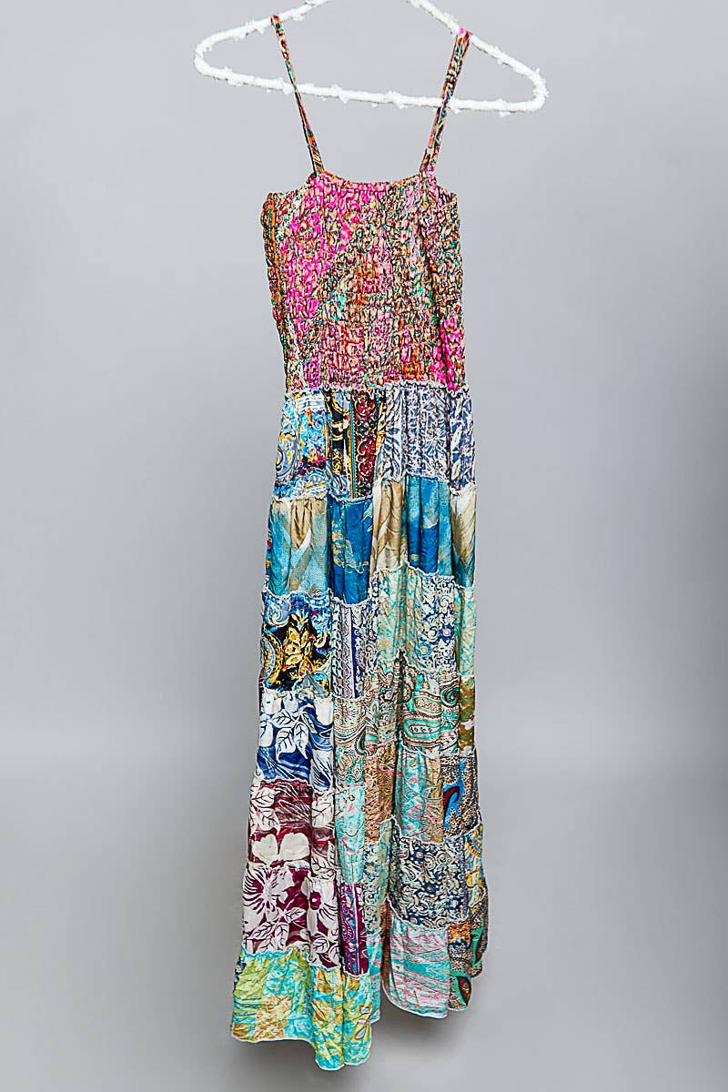 "Boho Patch" Square Neck Smocked Maxi Dress