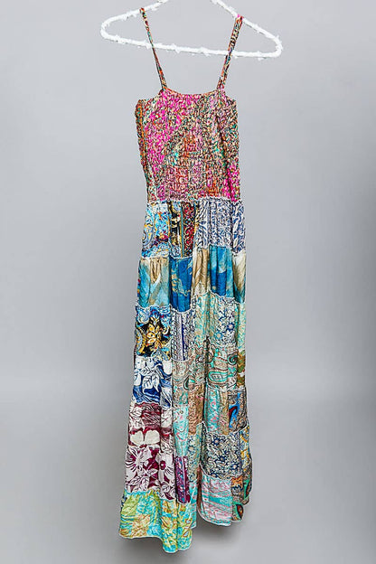 "Boho Patch" Square Neck Smocked Maxi Dress