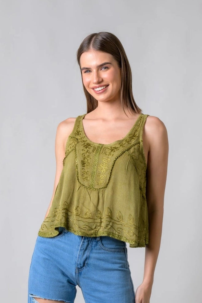"Petticoat" Sleeveless Viscose Tank Top in Olive Green