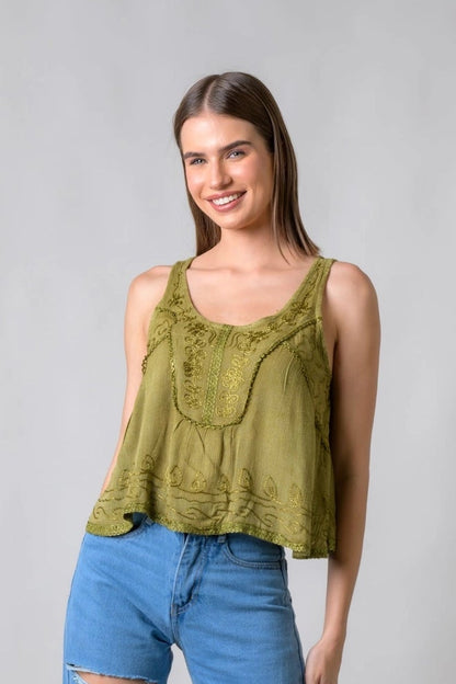 "Petticoat" Sleeveless Viscose Tank Top in Olive Green