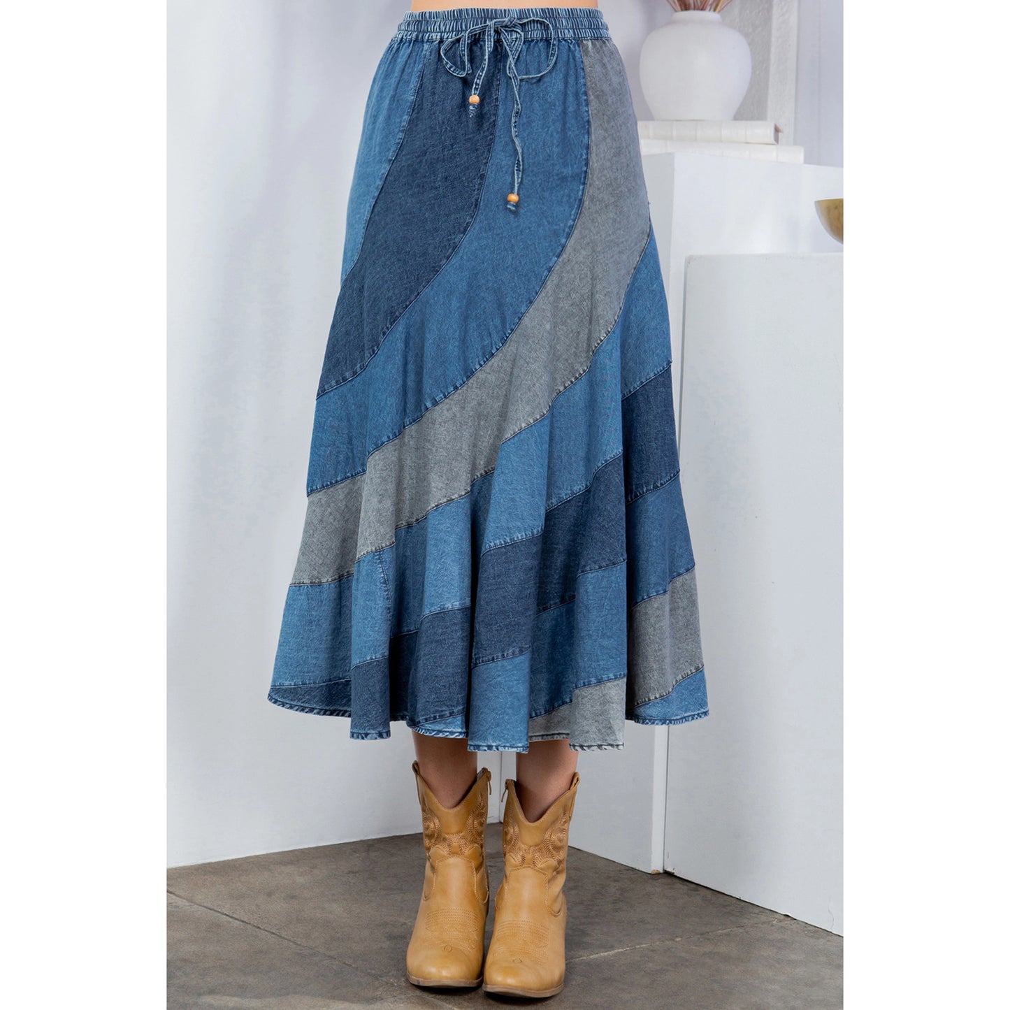 "Swirlin' Girl" Asymmetrical Denim Midi Skirt