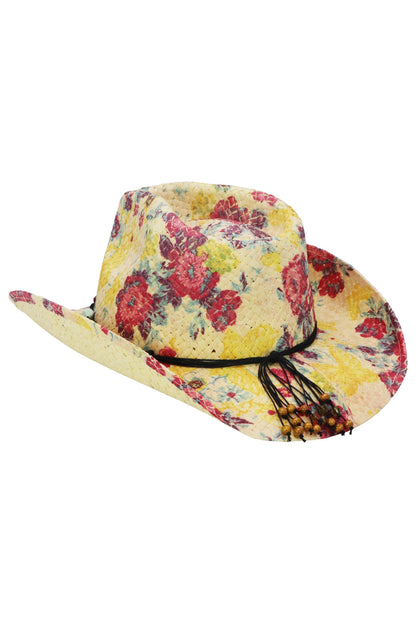 "Poppy" Floral Print Raffia Straw Cowboy Hat