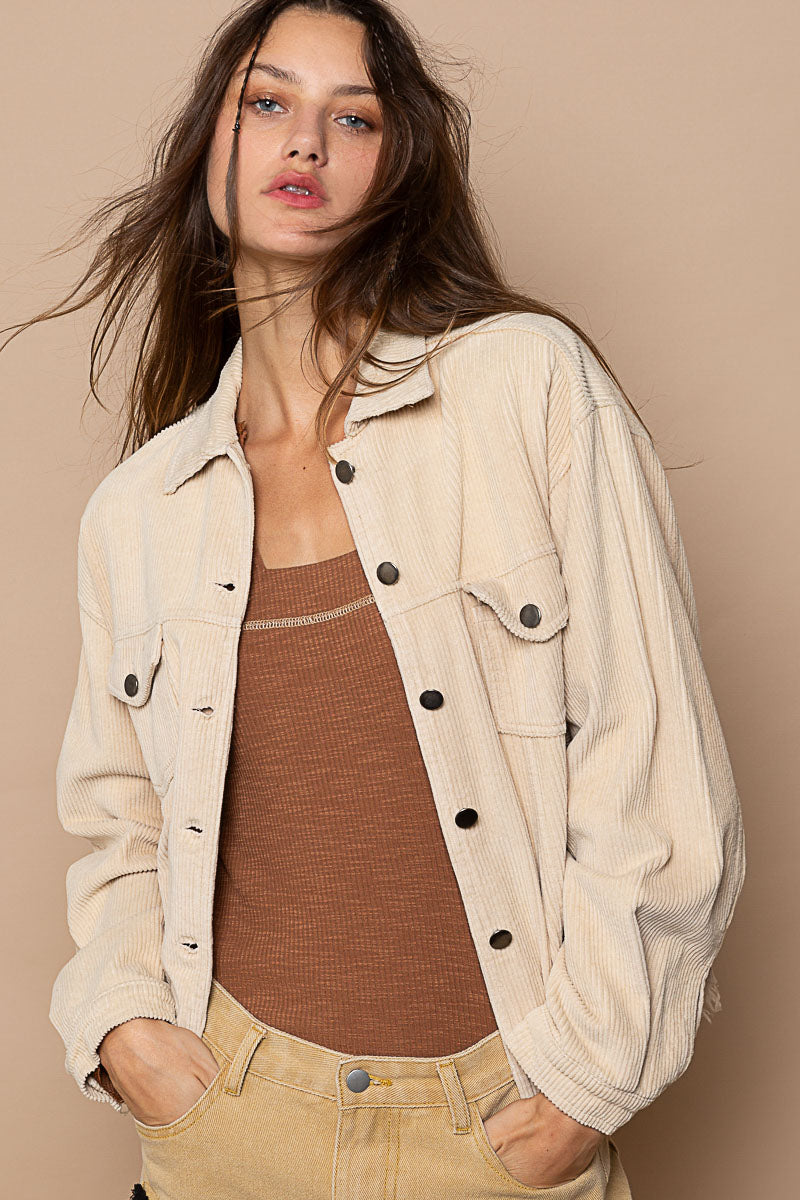 "Bobbie" Destroyed Hem Corduroy Jacket in Cream