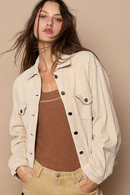 "Bobbie" Destroyed Hem Corduroy Jacket in Cream