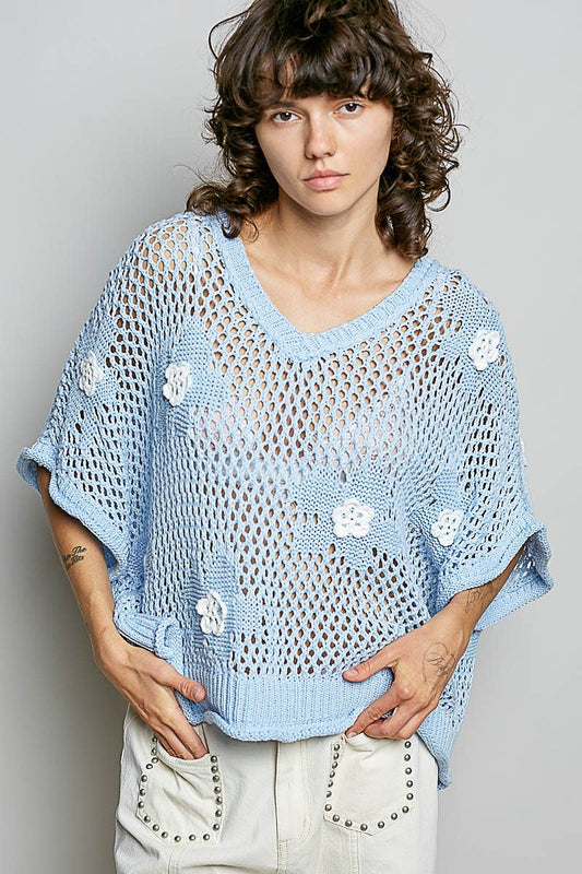 "Bloomin' Filly" Floral Patch Open Sweater Top Sky Blue