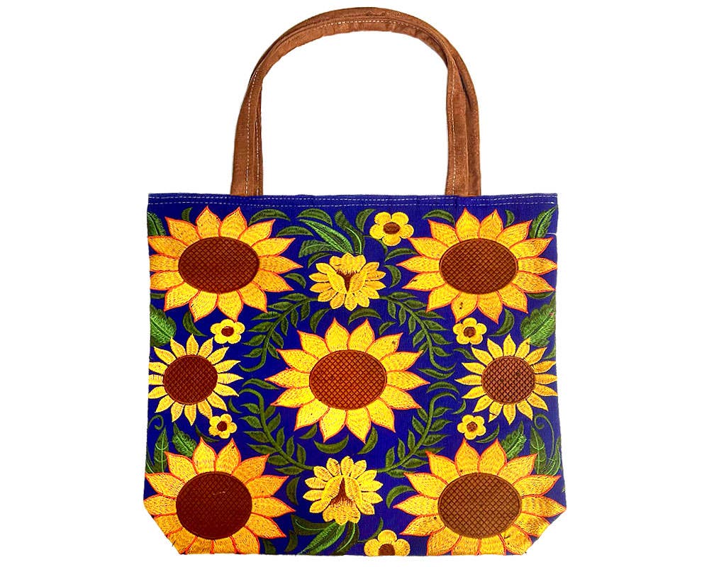 "Boho Sunflower" Embroidered Floral Suede Tote Bag