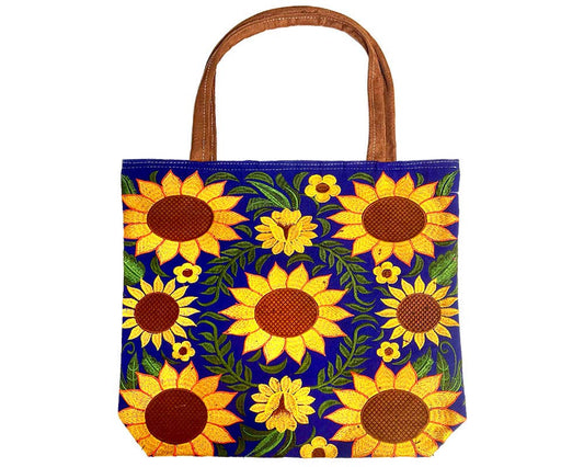 "Boho Sunflower" Embroidered Floral Suede Tote Bag