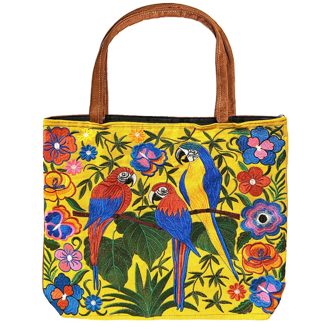 "Boho Parrot" Embroidered Floral Suede Tote Bag