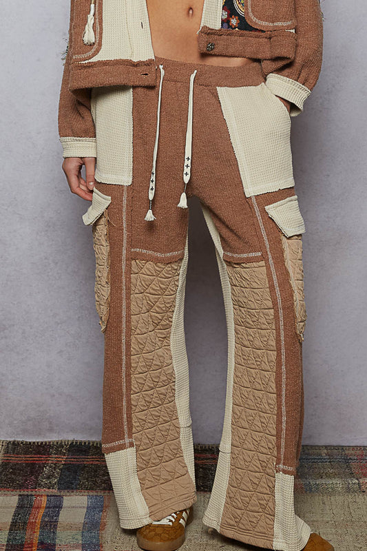 "Wanderlust" Oat Chocolate Floral Knit Thermal Quilted Pants