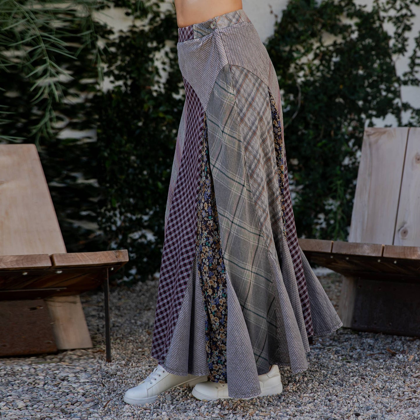 "Sarah" Prairie Maxi Skirt Denim & Lace in Latte
