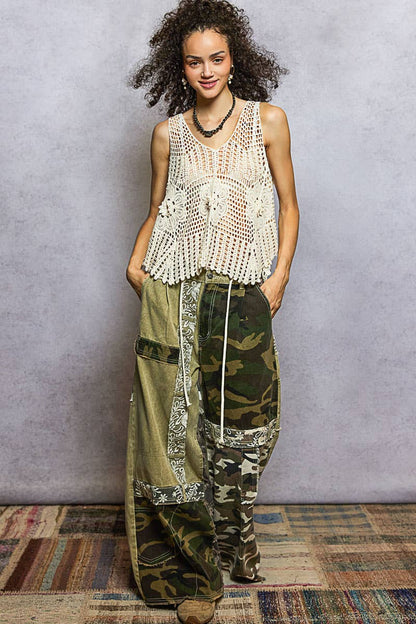 "Versailles" V-Neck Sleeveless Crochet Top in Natural